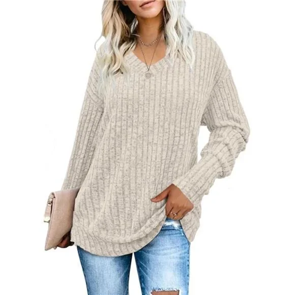 Womens V Neck Sweatshirt Long Sleeve Casual Loose Tunic Top Fall Winter Shirt - Picture 2 of 5